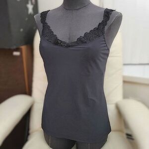 Vtg Elita black lace trim V-neck fitted camisole